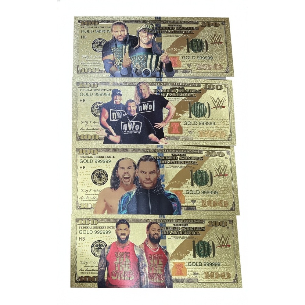 WWE Tag Team Gold Foil $100 Bills Lot of 4 – Hardy Boyz, nWo, DX & The Usos